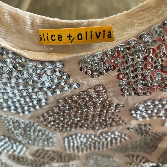 Vintage Alice and Olivia Neutral Sequin Beaded Asymmetric Mini Cocktail Dress - Picture 3 of 3